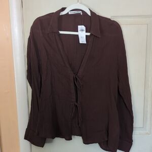 NWT Abercrombie Fitch Large Brown  Tie Front Gauzy Top Linen Blend